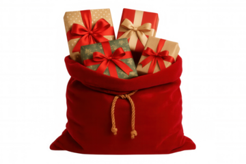 Christmas gifts bag filled with presents for holiday season, giving, and celebration on transparent background