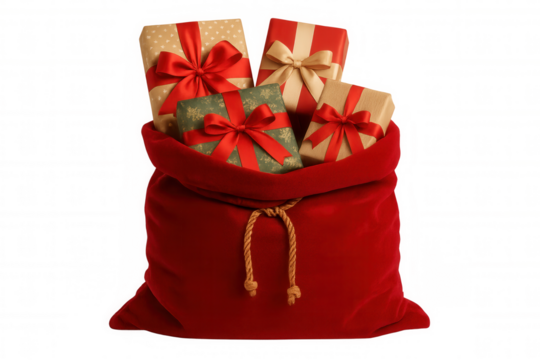 Christmas gifts bag filled with presents for holiday season, giving, and celebration on transparent background