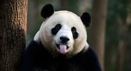 Obraz premium Funny Panda Sticking Tongue Out in Natural Outdoor Setting