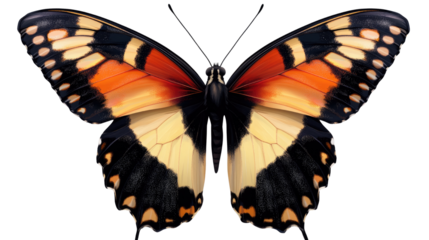 vibrant butterfly with striking orange, yellow, and black wing patterns displays its beauty. Isolated On Transparent and White Background