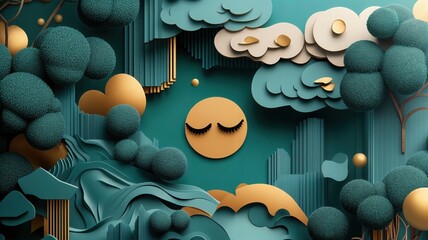 Dreamy, whimsical landscape with closed eyes and stylized clouds in a tranquil, serene, and peaceful aesthetic