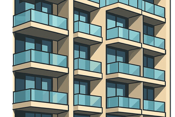 Fototapeta premium A contemporary building façade featuring repetitive geometric balcony patterns and glass railings that highlight an urban cityscape design