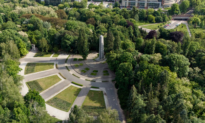 Aerial panorama of memorial and greenery in Poznan Poland