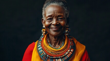 Naklejka premium A woman wearing a colorful necklace and earrings is smiling. The necklace is made of beads and is quite large