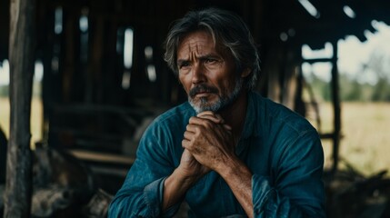 A man with a beard and gray hair is sitting in a barn. He is wearing a blue shirt and has his hands clasped together. Scene is contemplative and peaceful