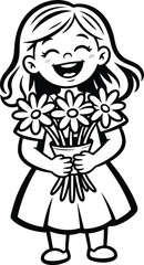 Cartoon child holding flower bouquet, happy smiling face, black and white illustration, cute character design, nature theme, cheerful moment, vector drawing for celebration