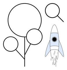 Simplistic tree diagram, magnifying glass, and rocket representing growth, innovation, exploration, research, success, development and future potential. Ideal for education strategy and technology