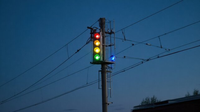 Railway signal tower stands against dusky sky, displaying multiple glowing colors including red, yellow, green, and blue, indicating various train signals. scene captures essence of transportation
