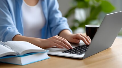 Fototapeta premium A person is sitting at a desk, using a laptop computer while surrounded by books, documents, and other educational materials, suggesting a focused study or work environment.