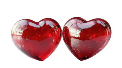 Romantic Glass Hearts: A pair of glossy, red heart-shaped objects sit close together, radiating warmth, love, and affection. Isolated On Transparent and White Background