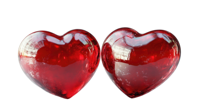 Romantic Glass Hearts: A pair of glossy, red heart-shaped objects sit close together, radiating warmth, love, and affection. Isolated On Transparent and White Background