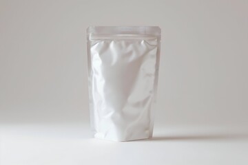 Blank white plastic food pouch, upright on a plain white background
