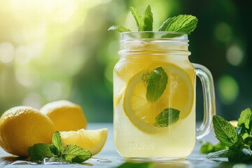 Lemonade drink with fresh lemons and mint