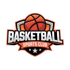 Dynamic basketball sports club emblem with orange ball