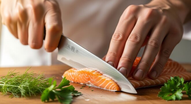 Professional chef slicing fresh salmon fillet, cinematic kitchen close-up for culinary stock images