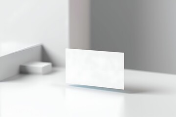 Blank white business card mockup on a white surface with geometric shapes