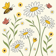 A vibrant and whimsical hand drawn floral seamless pattern featuring a playful arrangement of blooming flowers and leaves in a repeating design perfect for various creative applications