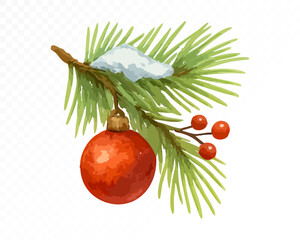 Watercolor Christmas pine branch with snow, red ornament ball and berries, festive traditional holiday decoration for cozy winter seasonal celebration. Vector illustration.