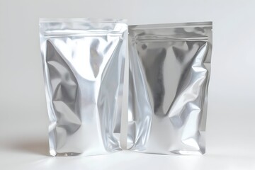 Two silver foil pouches on a plain background