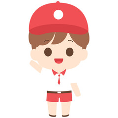 Boy with red cap waving, friendly character illustration ideal for greeting or social themes.

