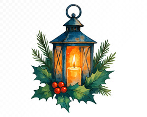 Watercolor vintage Christmas lantern with glowing candle inside, decorated with pine branches, holly leaves and red berries, cozy festive holiday ornament design. Vector illustration. © Daria