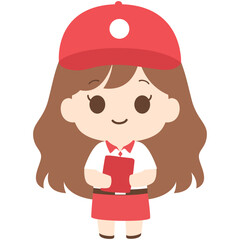 Girl with red cap holding red book, student character illustration perfect for school or reading themes.

