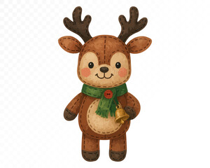 Fototapeta premium Watercolor felt reindeer toy with antlers, green scarf and golden bell, cute handmade Christmas decoration character for festive holiday design. Vector illustration.