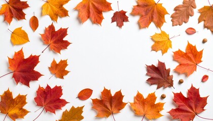 Obraz premium Autumnal Frame Vibrant Maple Leaves on a White Background