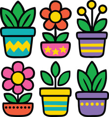 Six potted plants with colorful designs on a white background flowers leaves