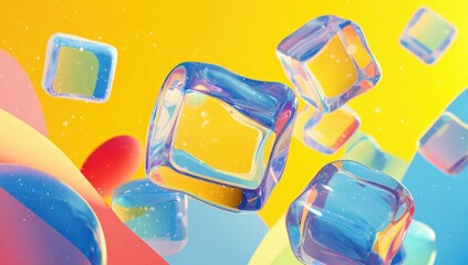 Vibrant yellow background with translucent, floating ice cubes and colorful abstract shapes