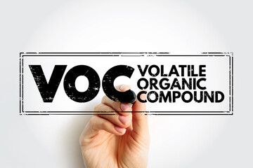 VOC - Volatile Organic Compound are organic chemicals that have a high vapour pressure at room temperature, acronym concept stamp
