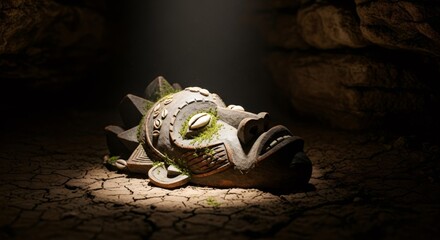 Ancient tribal wooden mask lying on cracked earth. Cultural artifact from archaeological dig. Historical discovery and exploration concept.