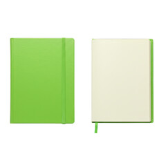 Fototapeta premium Two notebooks one green closed other open cream colored pages transparent background
