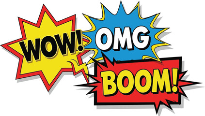 Three comic book style speech bubbles with wow omg and boom on a white isolated background design art