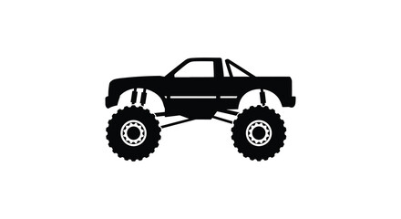 A simple black silhouette of a large monster truck with big tires