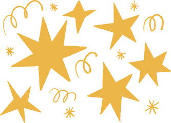 A collection of yellow stars and swirls drawn with crayon and chalk textures. Simple pencil scribbles create a playful and artistic design.
