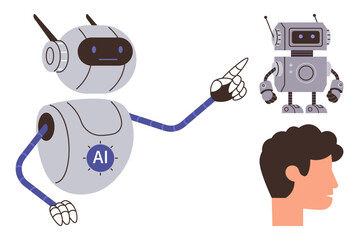 Cute advanced AI robot gestures toward retro robot and human head, representing technology, AI-human connection, robotics progress. Ideal for AI learning, innovation, robotics, automation