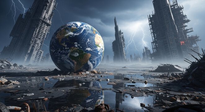 Futuristic Earth in Apocalyptic Cityscape with Stormy Sky and Lightning