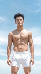 Fit Asian man with muscular physique standing shirtless in white shorts against a bright blue sky.