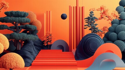 Abstract Orange Landscape with Geometric Shapes Serene and Artistic Composition