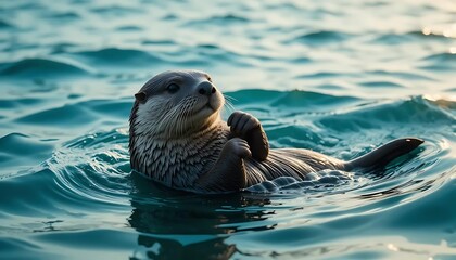 A playful sea otter floating effortlessly on turquoise rippling ocean waves, captured from a cinematic angle as if in a serene wildlife documentary. The otter rests on its back with folded paws