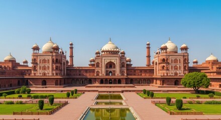 Fototapeta premium Majestic Red Sandstone Palace with White Domes and Green Gardens Under Clear Blue Sky