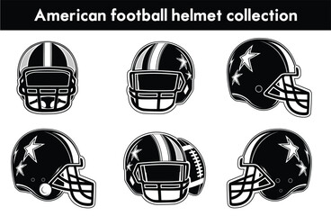 Set of six black american football helmet collection vector set. Bold sports silhouette isolated in white background. Featuring stars, stripes, and classic team motifs.
