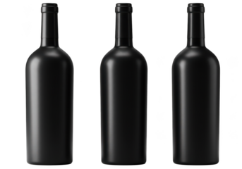 Three sleek dark glass wine bottles arranged in a row for beverage presentation transparent background
