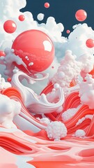 Surreal Pink and White Abstract Cloudscape with Spheres