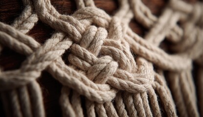Close-up of intricate macrame knotting; beige cotton cords form complex pattern against dark background; textured, handcrafted detail