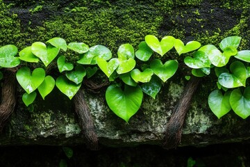 Green Heart-Shaped Leaves Growing on Mossy Wall