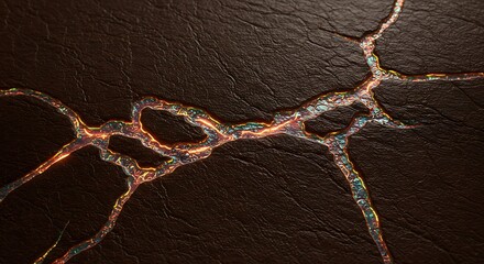 Abstract close-up texture of cracked dark brown leather with illuminated veins of orange and blue light