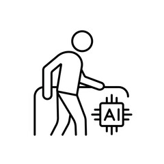 A vector icon of an elderly person with a cane and an AI chip, representing AI-powered rehabilitation support, created in line style with editable stroke