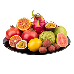 Assortment of exotic fruits on a plate isolated on transparent background